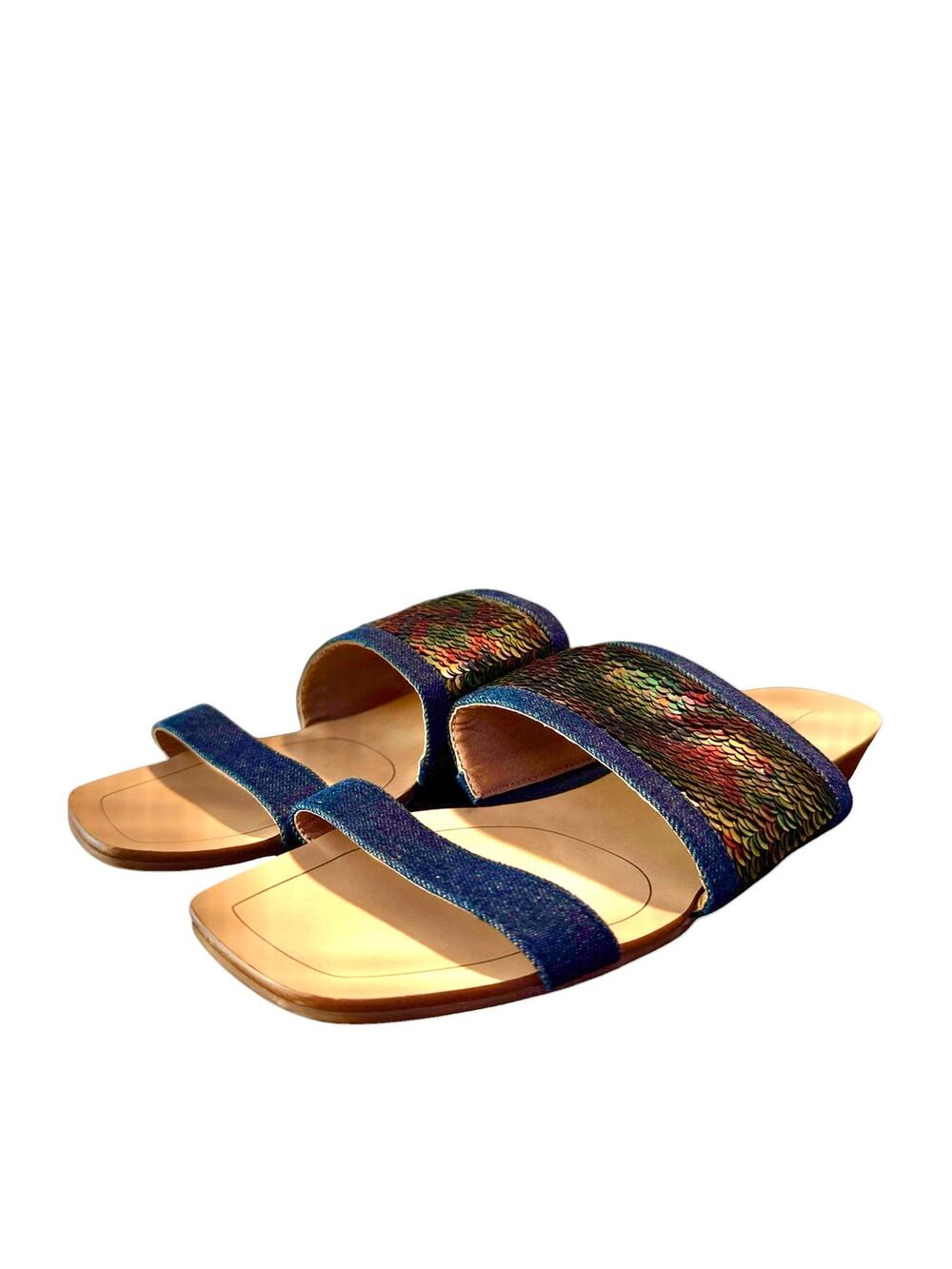 Tahari Fern Sandals Size 8 Metallic Scale Slide Flat Sandals Boho Resort